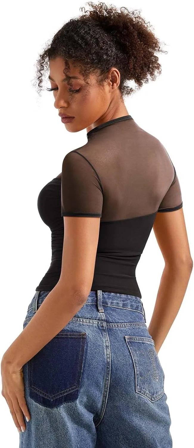 SUUKSESS Women Sexy Mesh Sheer Short Sleeve Tops Mock Neck Ruched Going Out Shirts