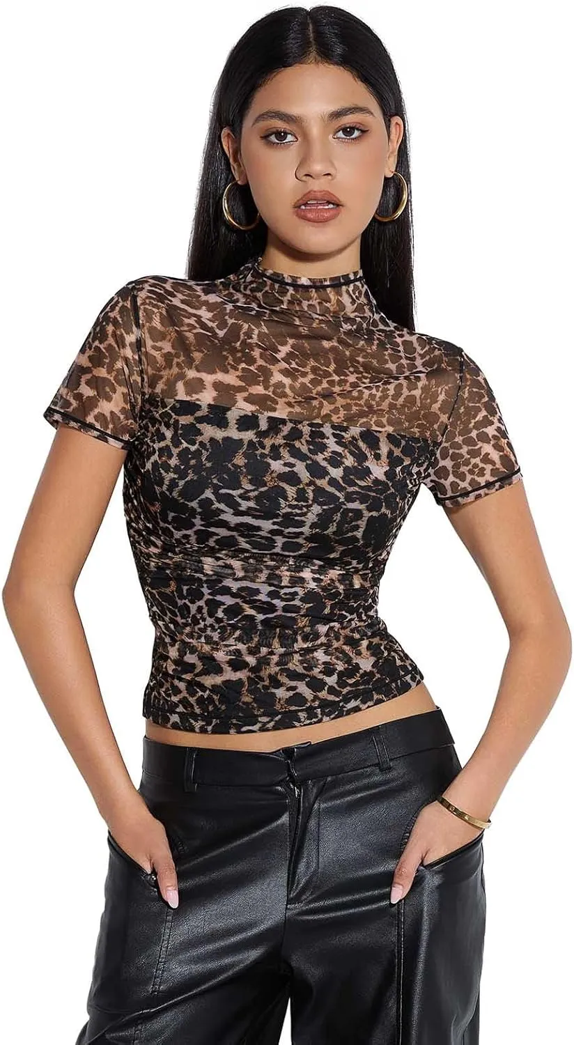 SUUKSESS Women Sexy Mesh Sheer Short Sleeve Tops Mock Neck Ruched Going Out Shirts