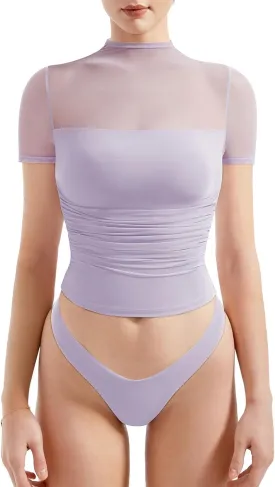 SUUKSESS Women Sexy Mesh Sheer Short Sleeve Tops Mock Neck Ruched Going Out Shirts