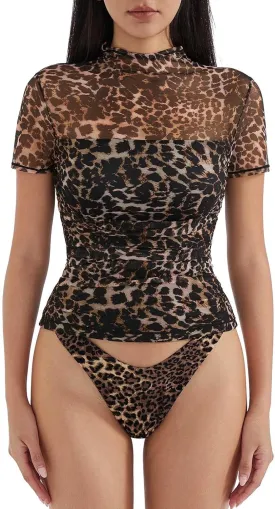 SUUKSESS Women Sexy Mesh Sheer Short Sleeve Tops Mock Neck Ruched Going Out Shirts