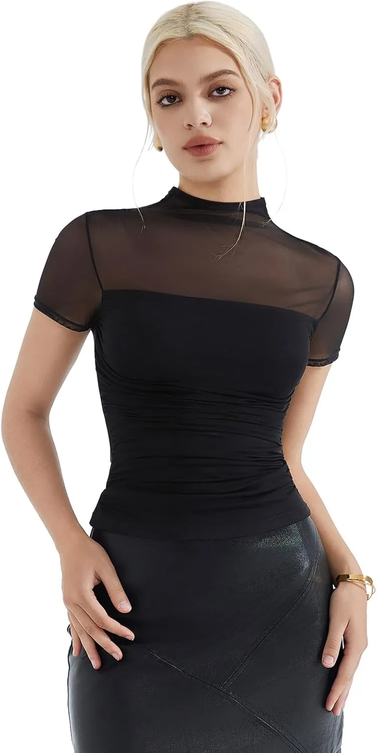 SUUKSESS Women Sexy Mesh Sheer Short Sleeve Tops Mock Neck Ruched Going Out Shirts