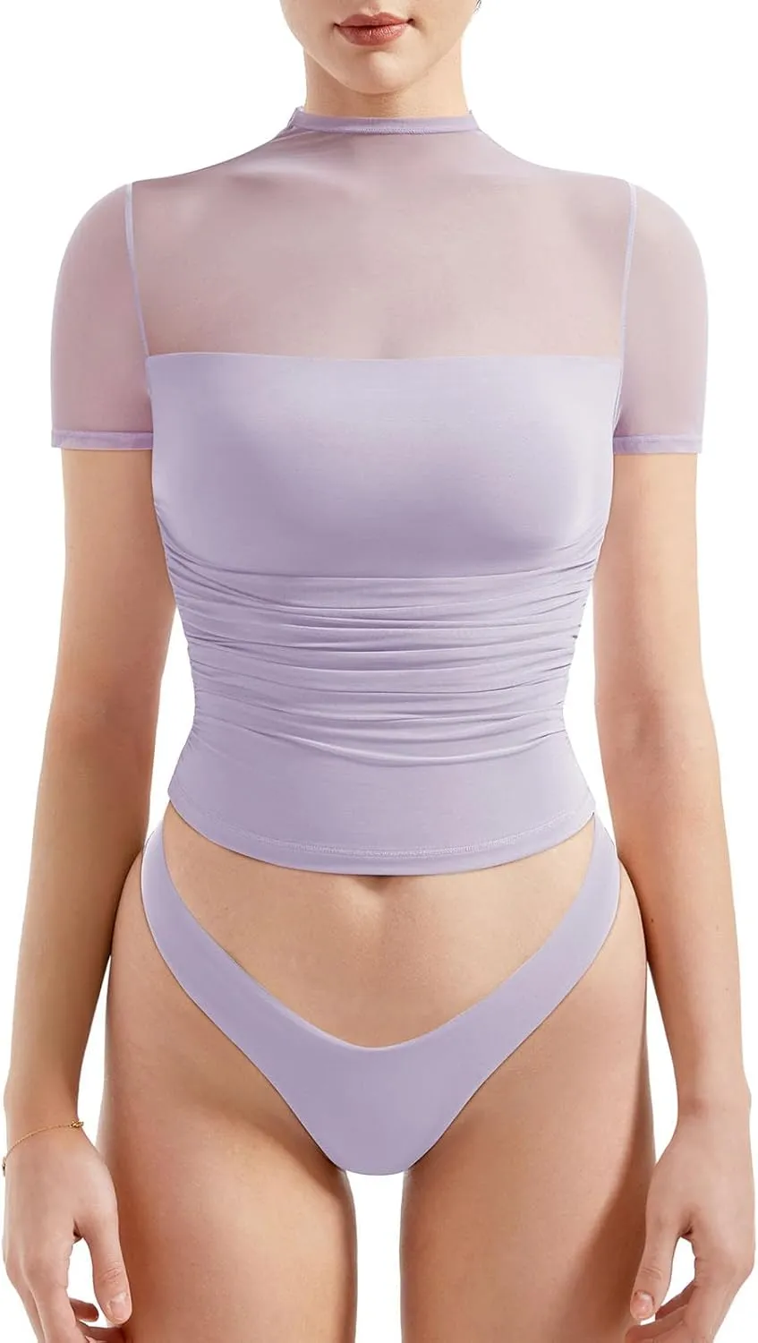 SUUKSESS Women Sexy Mesh Sheer Short Sleeve Tops Mock Neck Ruched Going Out Shirts