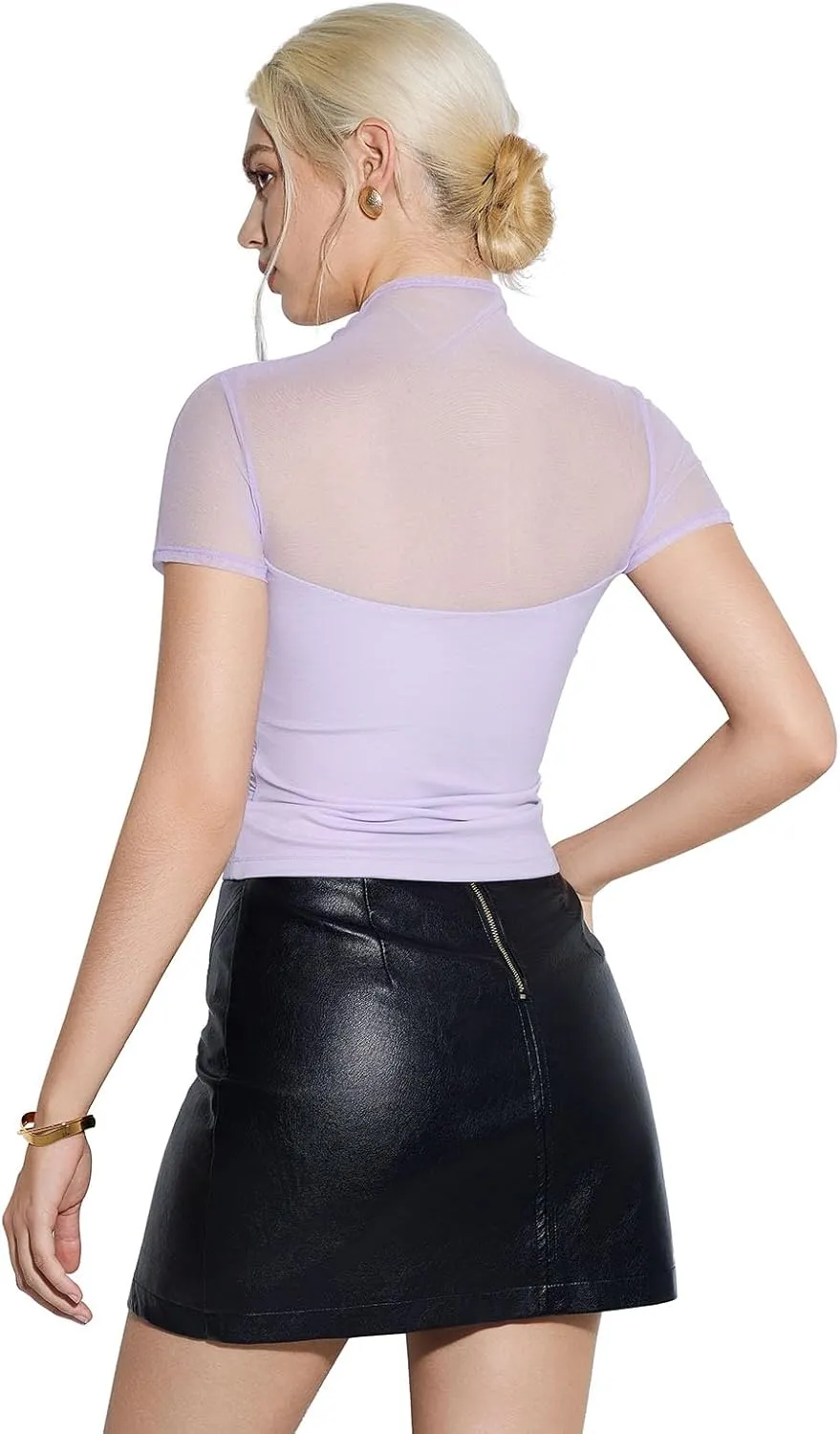 SUUKSESS Women Sexy Mesh Sheer Short Sleeve Tops Mock Neck Ruched Going Out Shirts