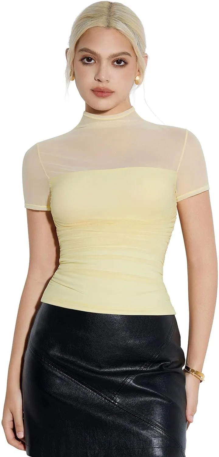 SUUKSESS Women Sexy Mesh Sheer Short Sleeve Tops Mock Neck Ruched Going Out Shirts