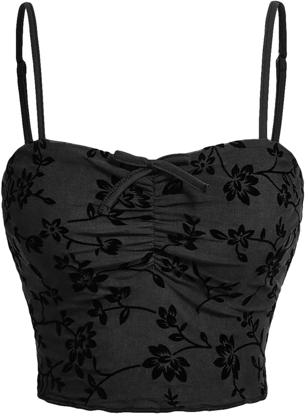 Verdusa Women's Ruched Floral Mesh Crop Cami Top Sleeveless Slim Fit Going Out Tops