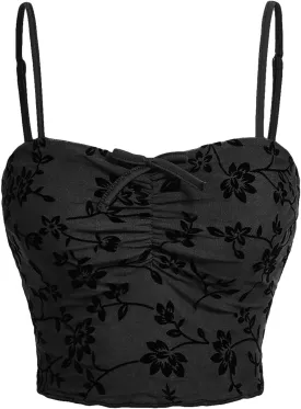 Verdusa Women's Ruched Floral Mesh Crop Cami Top Sleeveless Slim Fit Going Out Tops