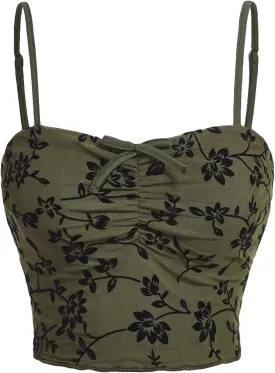 Verdusa Women's Ruched Floral Mesh Crop Cami Top Sleeveless Slim Fit Going Out Tops