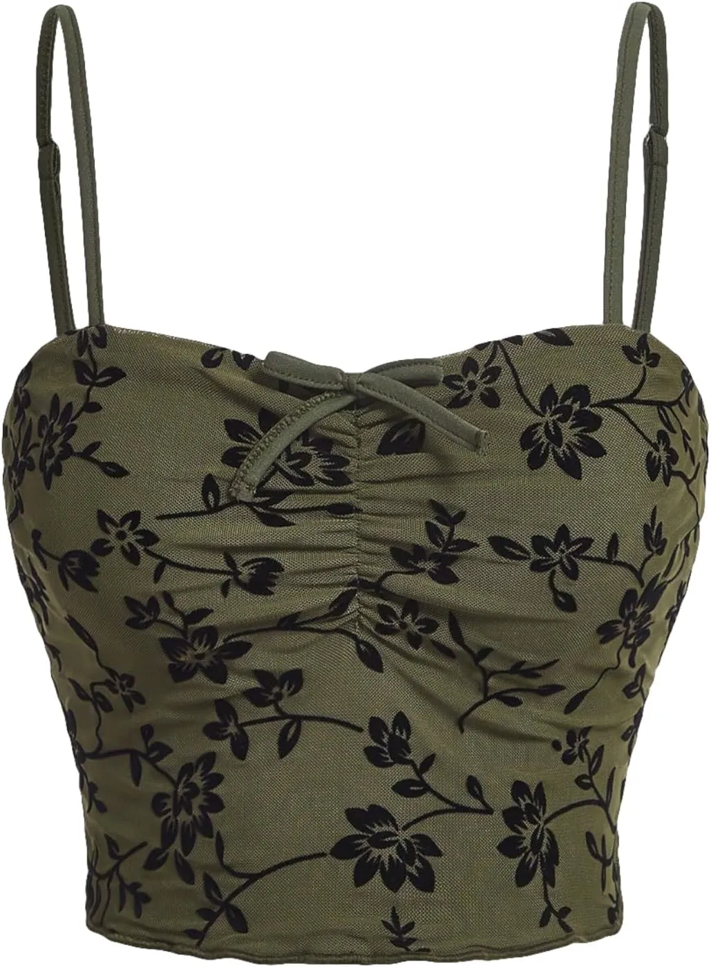 Verdusa Women's Ruched Floral Mesh Crop Cami Top Sleeveless Slim Fit Going Out Tops