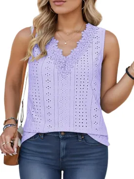 VISLILY Womens-Plus-Size-Tank-Tops Summer Floral Lace Trim V Neck Shirts Casual Sleeveless Blouses Cute Eyelet Tunics XL-5XL