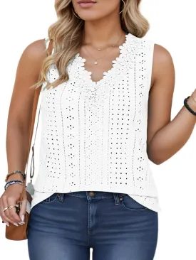 VISLILY Womens-Plus-Size-Tank-Tops Summer Floral Lace Trim V Neck Shirts Casual Sleeveless Blouses Cute Eyelet Tunics XL-5XL