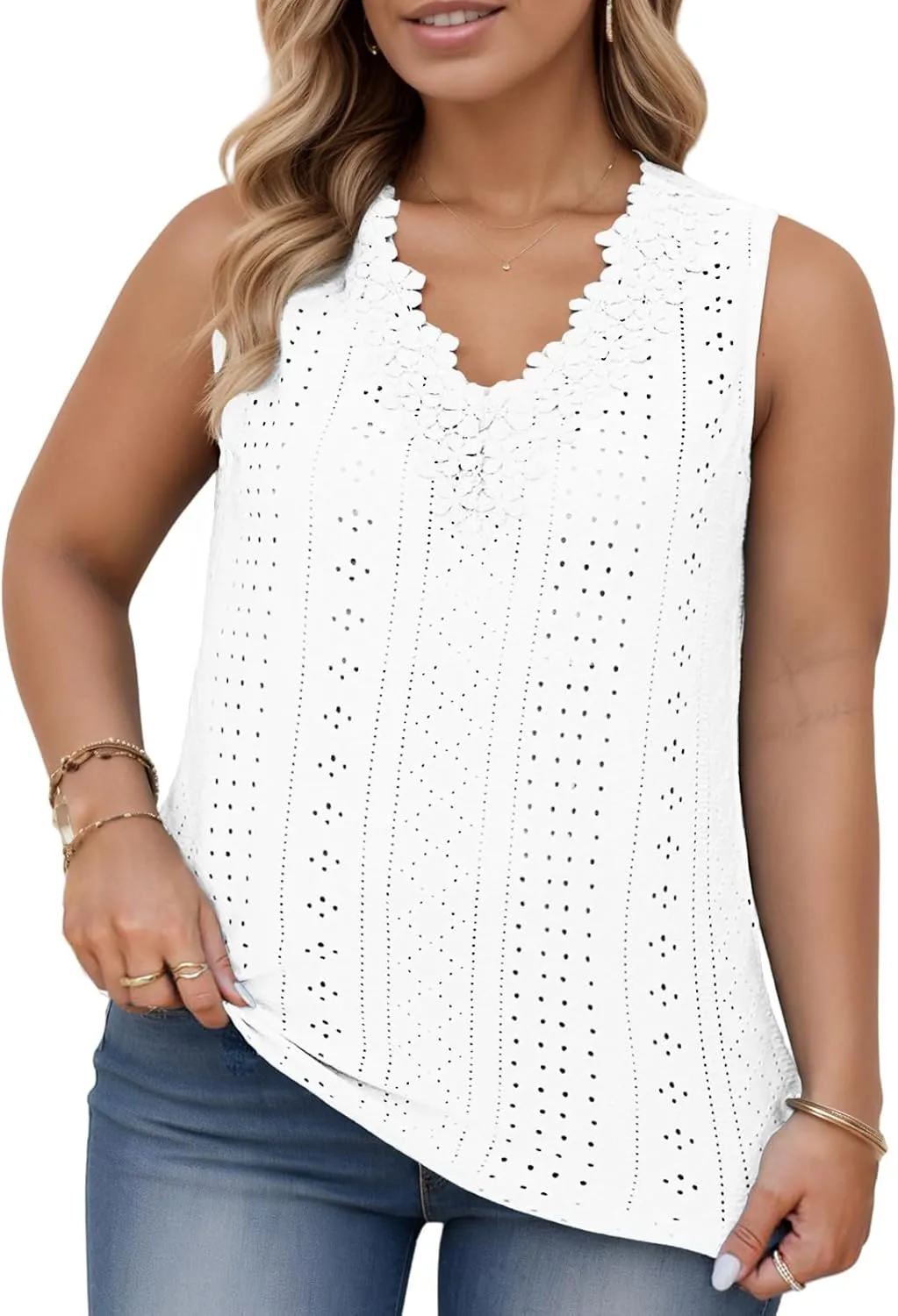 VISLILY Womens-Plus-Size-Tank-Tops Summer Floral Lace Trim V Neck Shirts Casual Sleeveless Blouses Cute Eyelet Tunics XL-5XL