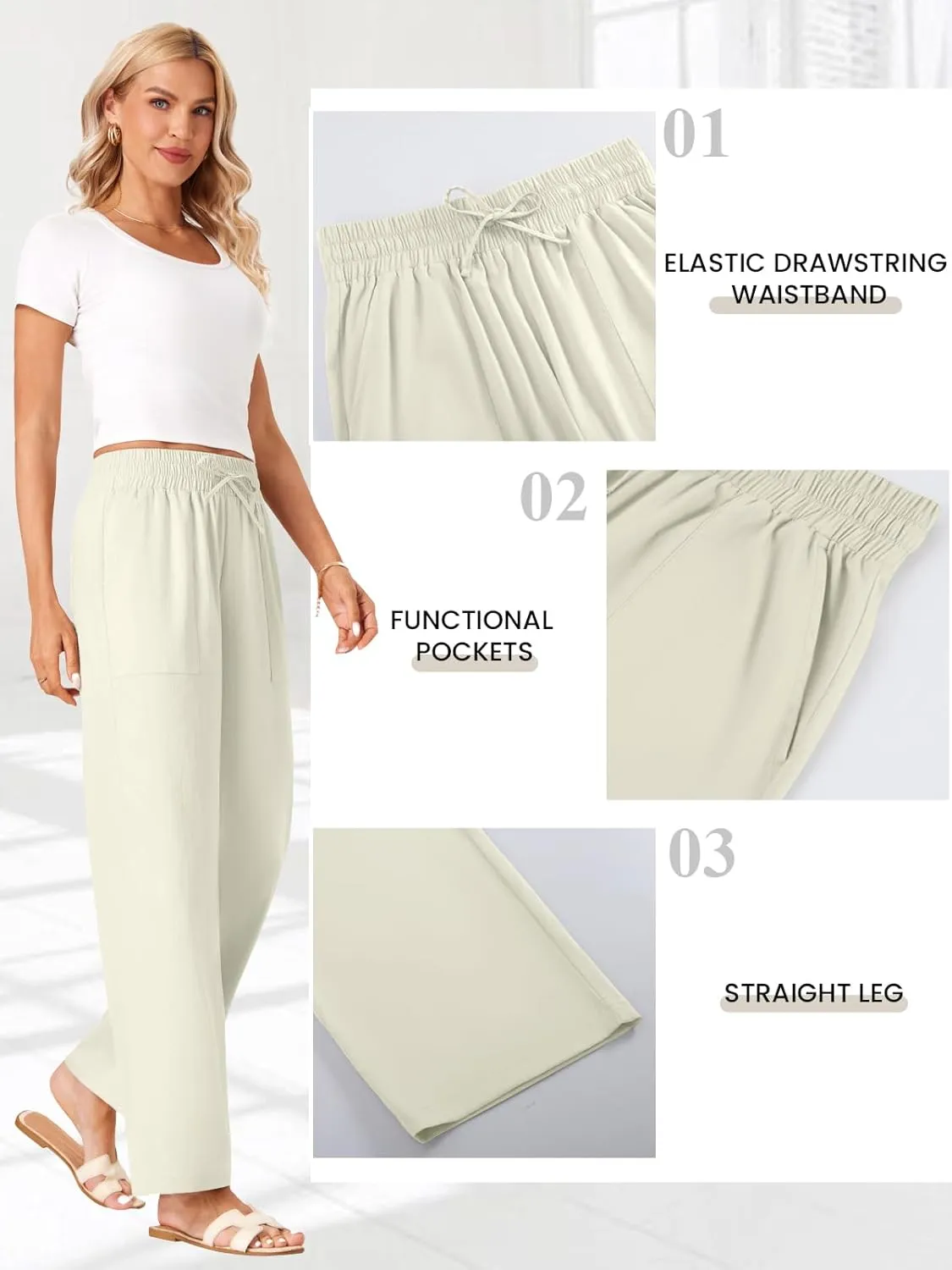 Wide Leg Linen Pants Women Palazzo Flowy Beach Casual Loose Drawstring Boho Summer Pants 2025 with Pockets