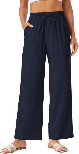 Wide Leg Linen Pants Women Palazzo Flowy Beach Casual Loose Drawstring Boho Summer Pants 2025 with Pockets