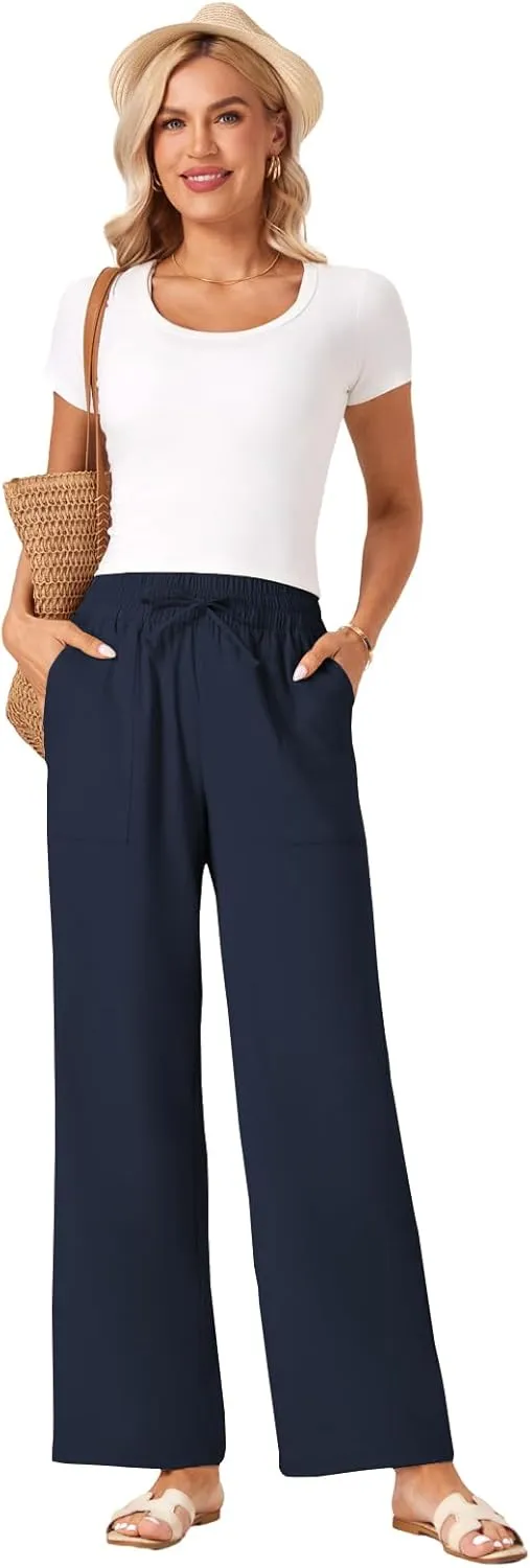 Wide Leg Linen Pants Women Palazzo Flowy Beach Casual Loose Drawstring Boho Summer Pants 2025 with Pockets