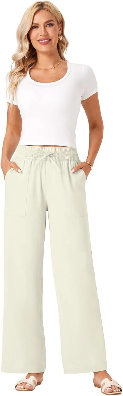 Wide Leg Linen Pants Women Palazzo Flowy Beach Casual Loose Drawstring Boho Summer Pants 2025 with Pockets