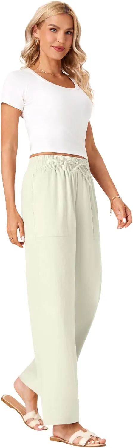 Wide Leg Linen Pants Women Palazzo Flowy Beach Casual Loose Drawstring Boho Summer Pants 2025 with Pockets