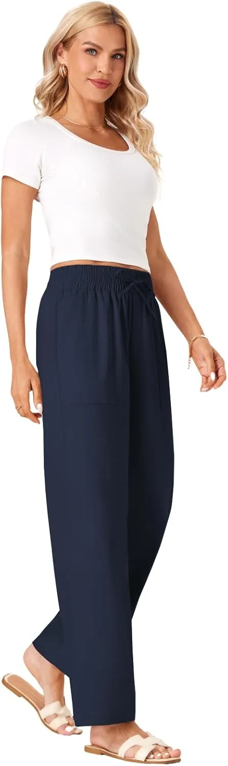 Wide Leg Linen Pants Women Palazzo Flowy Beach Casual Loose Drawstring Boho Summer Pants 2025 with Pockets