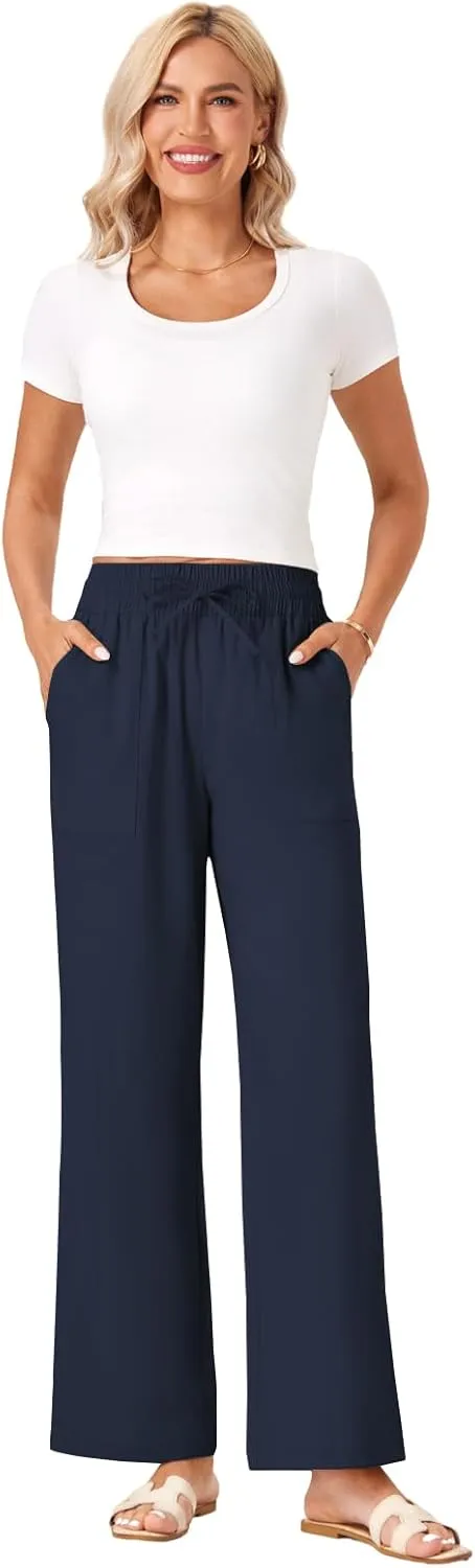 Wide Leg Linen Pants Women Palazzo Flowy Beach Casual Loose Drawstring Boho Summer Pants 2025 with Pockets