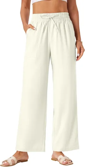 Wide Leg Linen Pants Women Palazzo Flowy Beach Casual Loose Drawstring Boho Summer Pants 2025 with Pockets