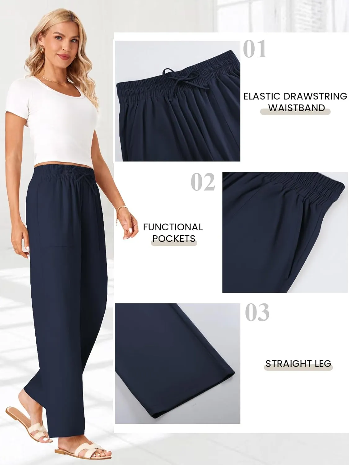Wide Leg Linen Pants Women Palazzo Flowy Beach Casual Loose Drawstring Boho Summer Pants 2025 with Pockets