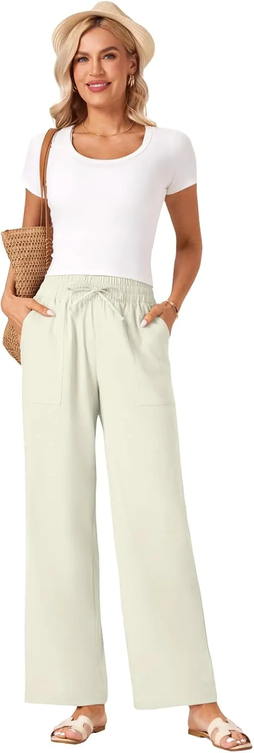 Wide Leg Linen Pants Women Palazzo Flowy Beach Casual Loose Drawstring Boho Summer Pants 2025 with Pockets