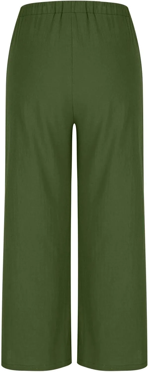 Women Cotton Linen Beach Pants Dressy Casual Wide Leg Pants Boho Palazzo Flowy Trousers Trendy Vacation Outfits Clothes
