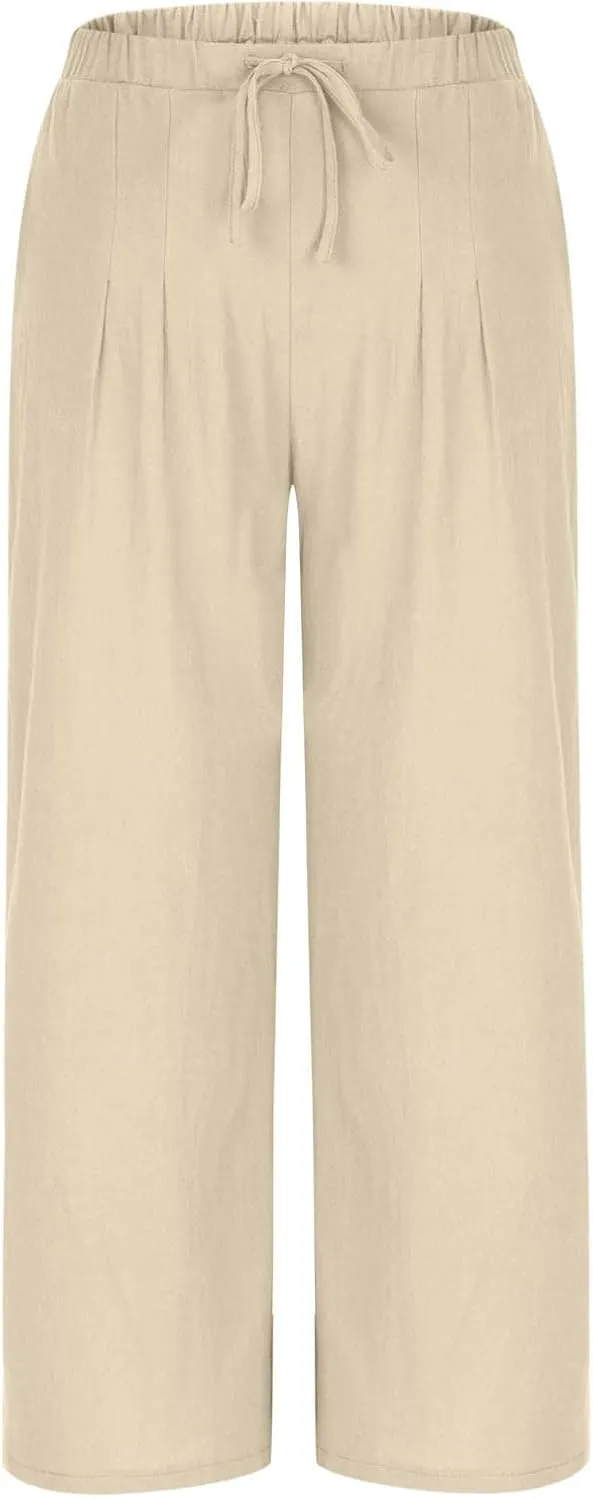 Women Cotton Linen Beach Pants Dressy Casual Wide Leg Pants Boho Palazzo Flowy Trousers Trendy Vacation Outfits Clothes