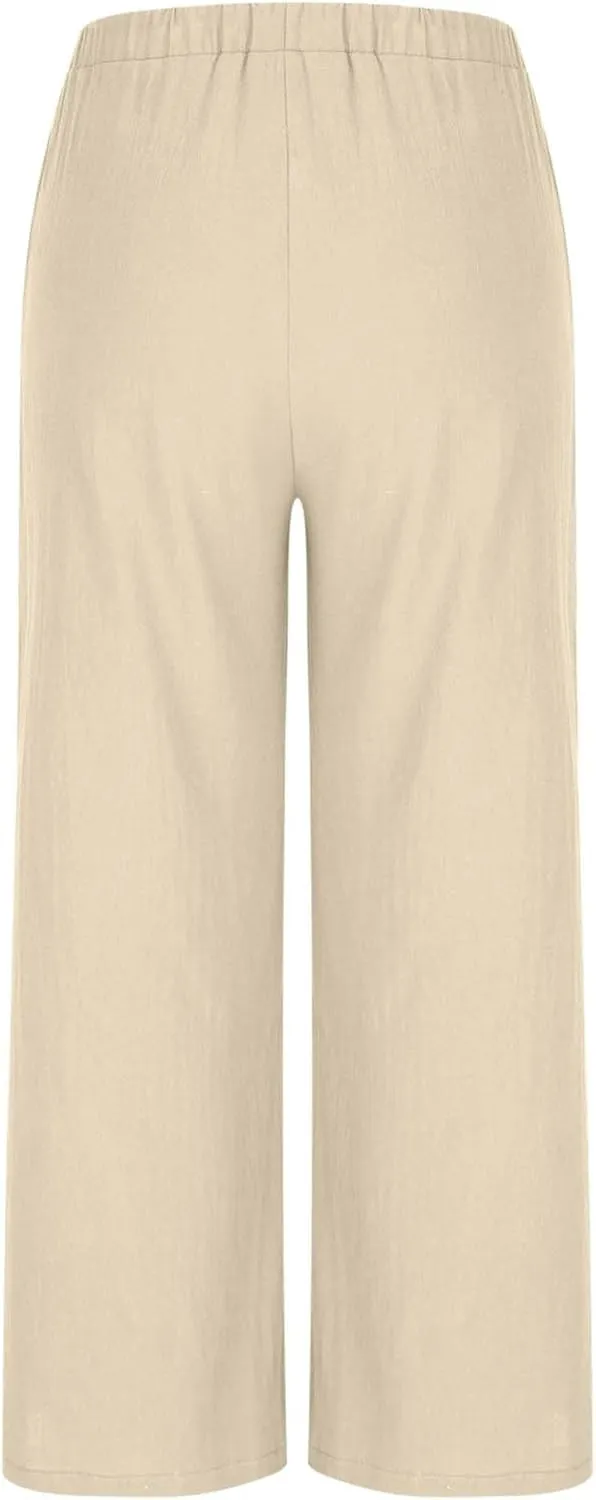 Women Cotton Linen Beach Pants Dressy Casual Wide Leg Pants Boho Palazzo Flowy Trousers Trendy Vacation Outfits Clothes