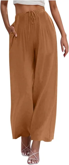Women Cotton Linen Beach Pants Dressy Casual Wide Leg Pants Boho Palazzo Flowy Trousers Trendy Vacation Outfits Clothes