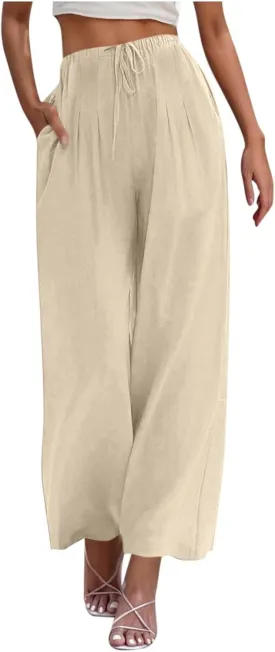 Women Cotton Linen Beach Pants Dressy Casual Wide Leg Pants Boho Palazzo Flowy Trousers Trendy Vacation Outfits Clothes