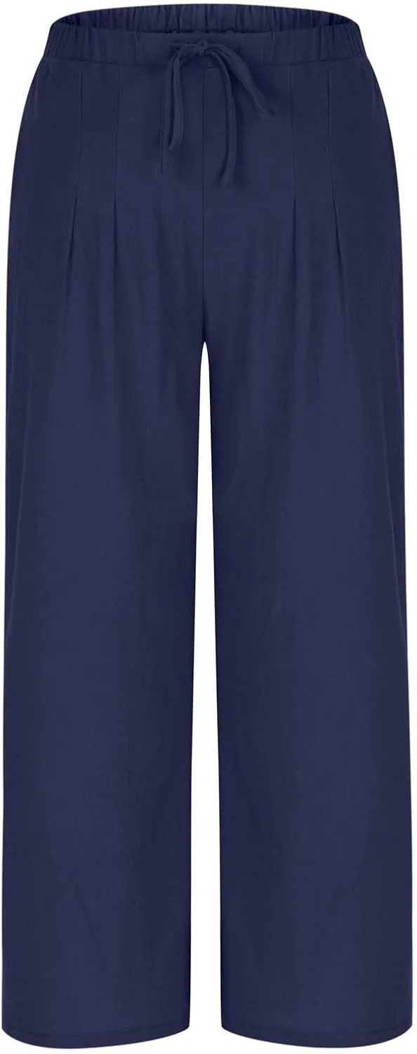 Women Cotton Linen Beach Pants Dressy Casual Wide Leg Pants Boho Palazzo Flowy Trousers Trendy Vacation Outfits Clothes
