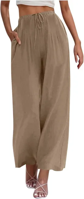 Women Cotton Linen Beach Pants Dressy Casual Wide Leg Pants Boho Palazzo Flowy Trousers Trendy Vacation Outfits Clothes