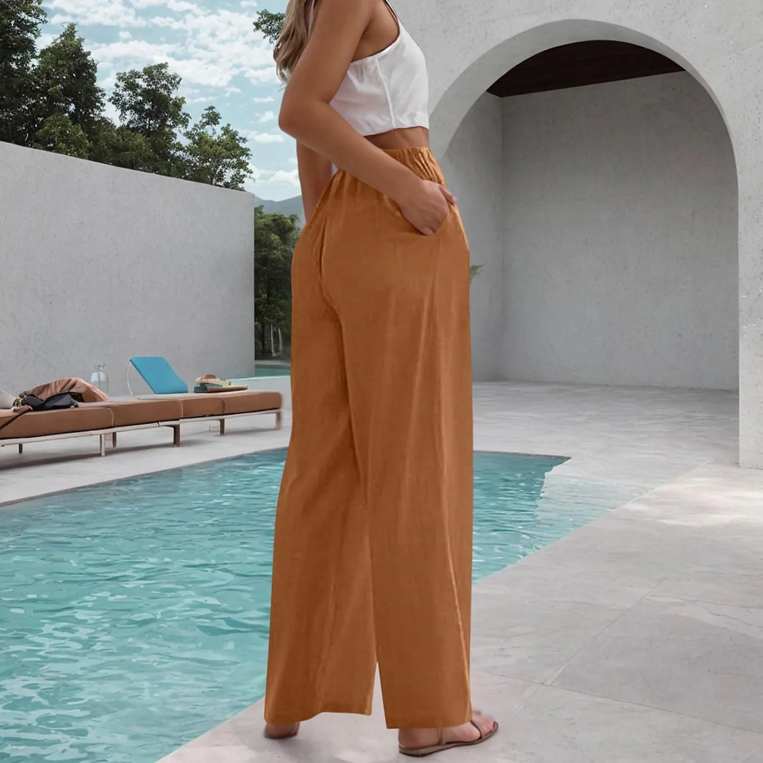Women Cotton Linen Beach Pants Dressy Casual Wide Leg Pants Boho Palazzo Flowy Trousers Trendy Vacation Outfits Clothes