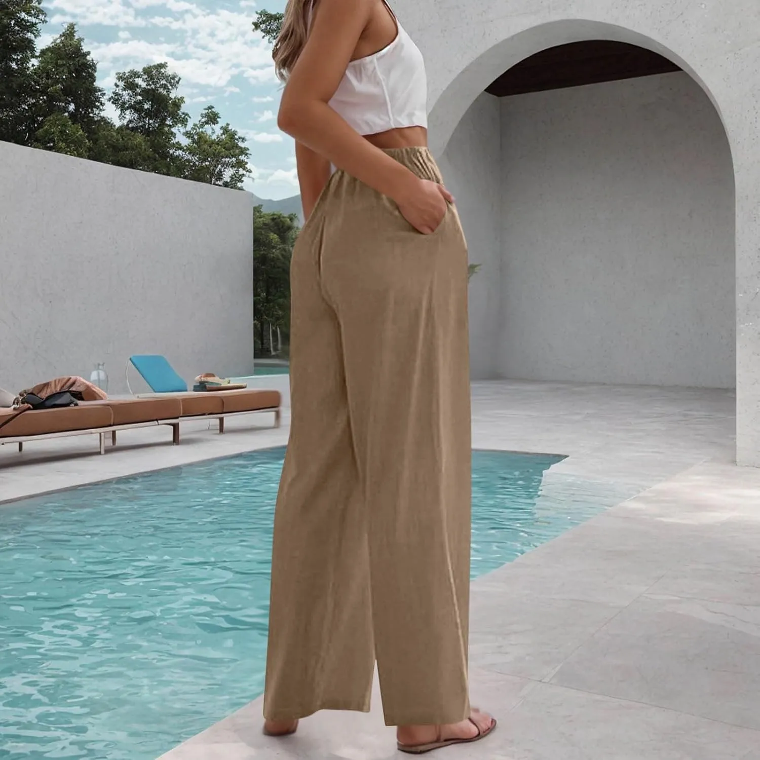 Women Cotton Linen Beach Pants Dressy Casual Wide Leg Pants Boho Palazzo Flowy Trousers Trendy Vacation Outfits Clothes