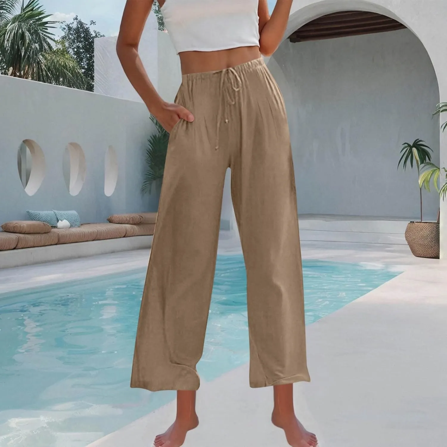 Women Cotton Linen Beach Pants Dressy Casual Wide Leg Pants Boho Palazzo Flowy Trousers Trendy Vacation Outfits Clothes