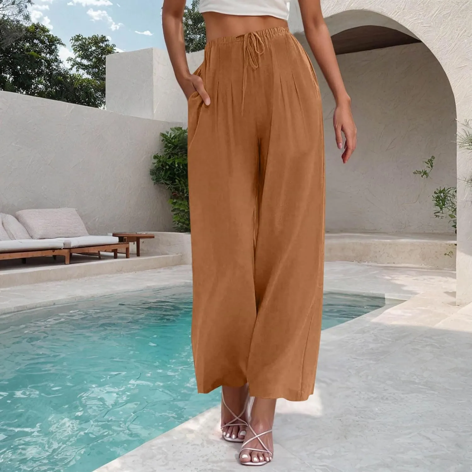 Women Cotton Linen Beach Pants Dressy Casual Wide Leg Pants Boho Palazzo Flowy Trousers Trendy Vacation Outfits Clothes