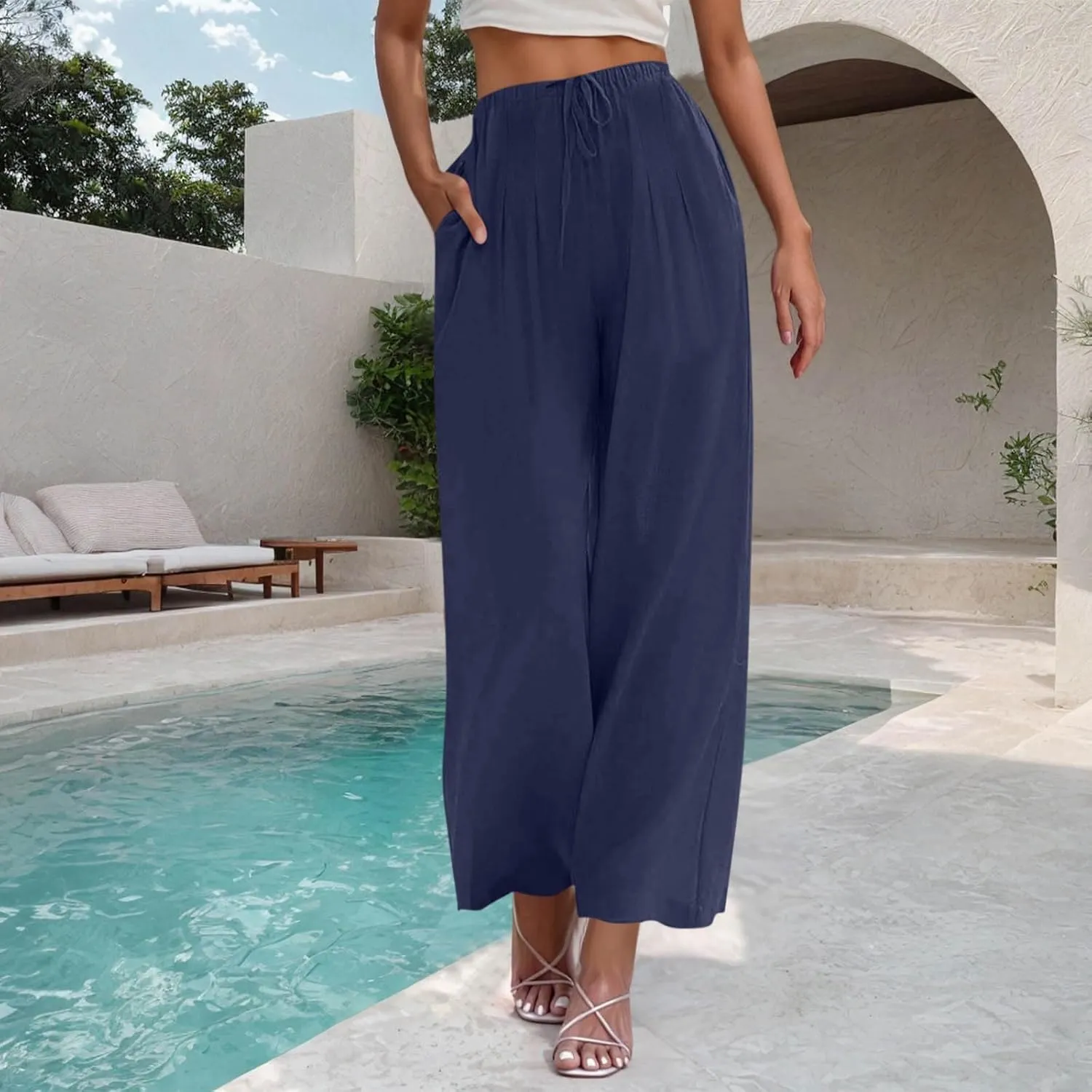 Women Cotton Linen Beach Pants Dressy Casual Wide Leg Pants Boho Palazzo Flowy Trousers Trendy Vacation Outfits Clothes