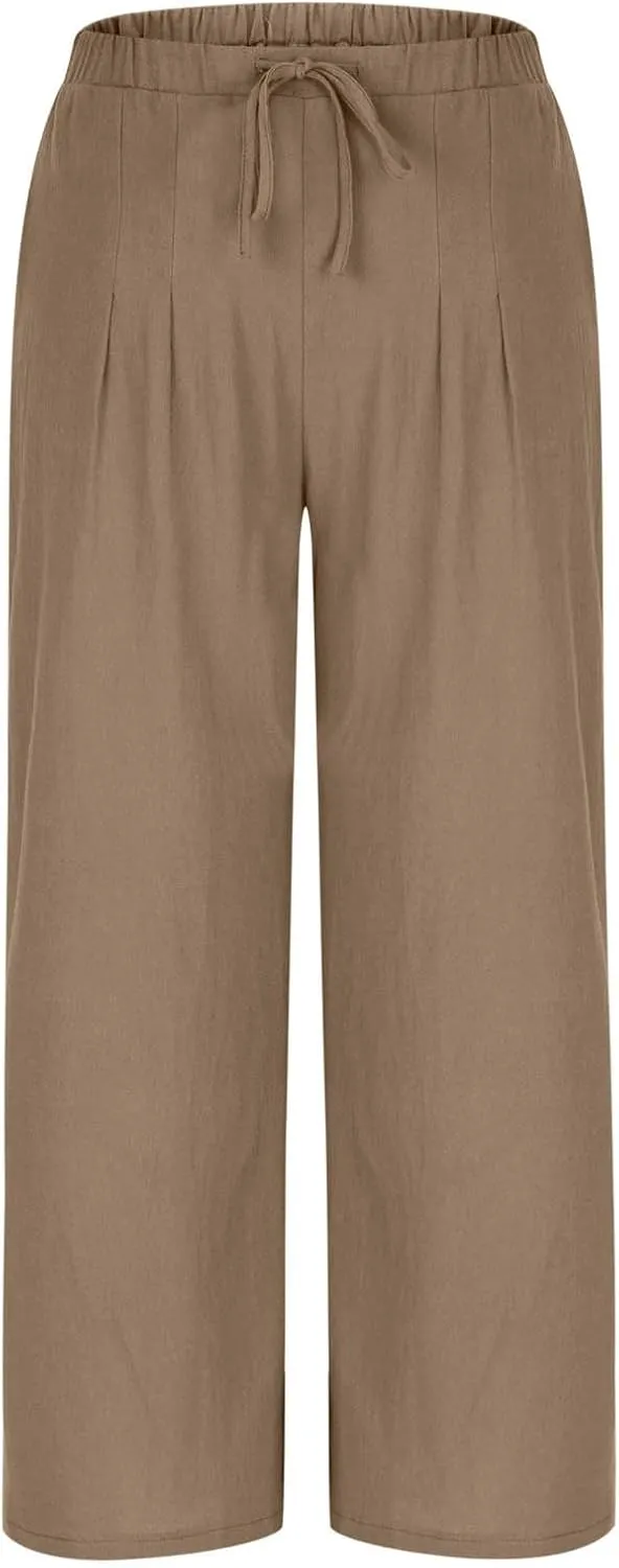Women Cotton Linen Beach Pants Dressy Casual Wide Leg Pants Boho Palazzo Flowy Trousers Trendy Vacation Outfits Clothes
