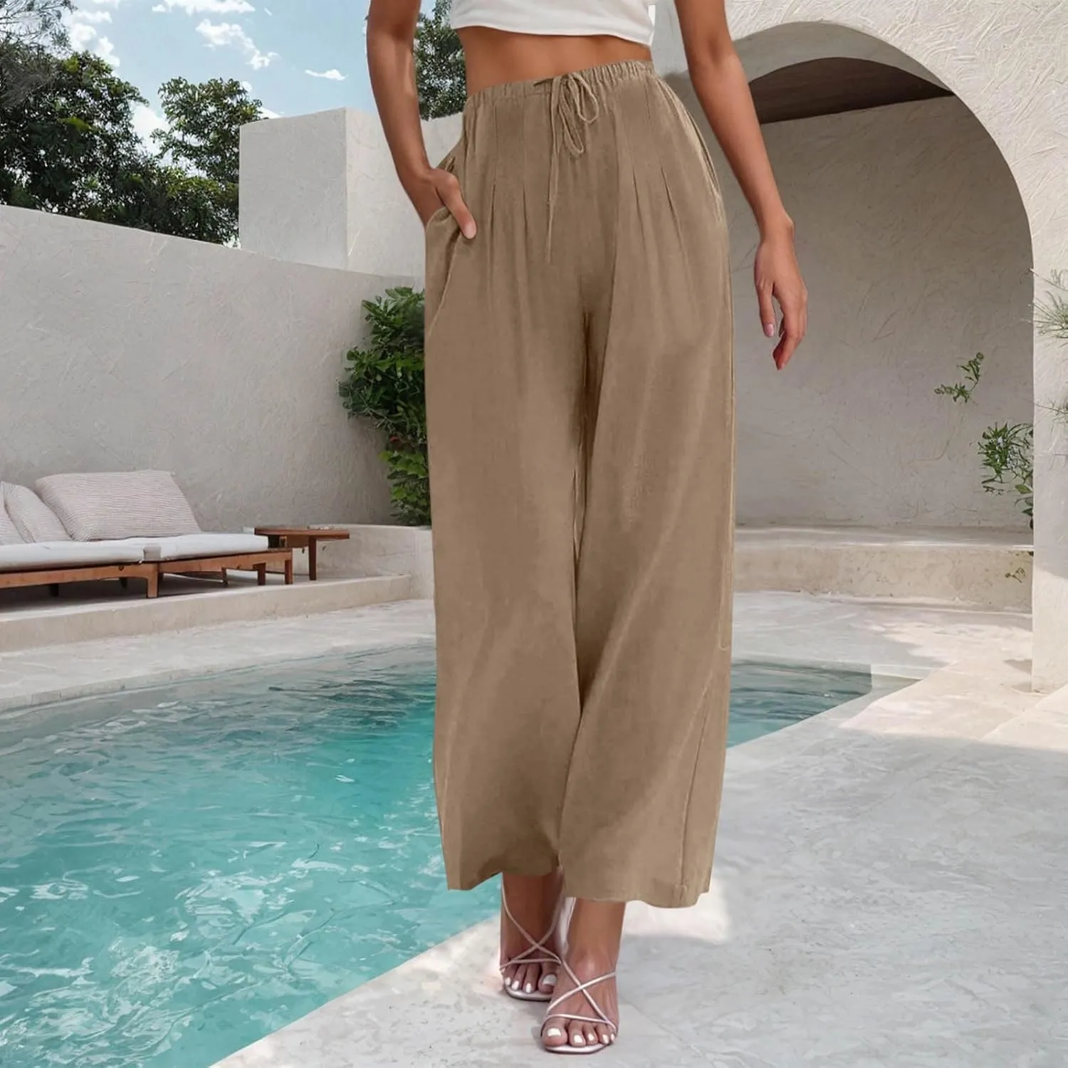 Women Cotton Linen Beach Pants Dressy Casual Wide Leg Pants Boho Palazzo Flowy Trousers Trendy Vacation Outfits Clothes