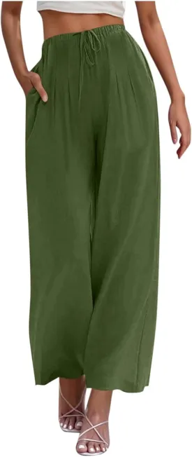 Women Cotton Linen Beach Pants Dressy Casual Wide Leg Pants Boho Palazzo Flowy Trousers Trendy Vacation Outfits Clothes