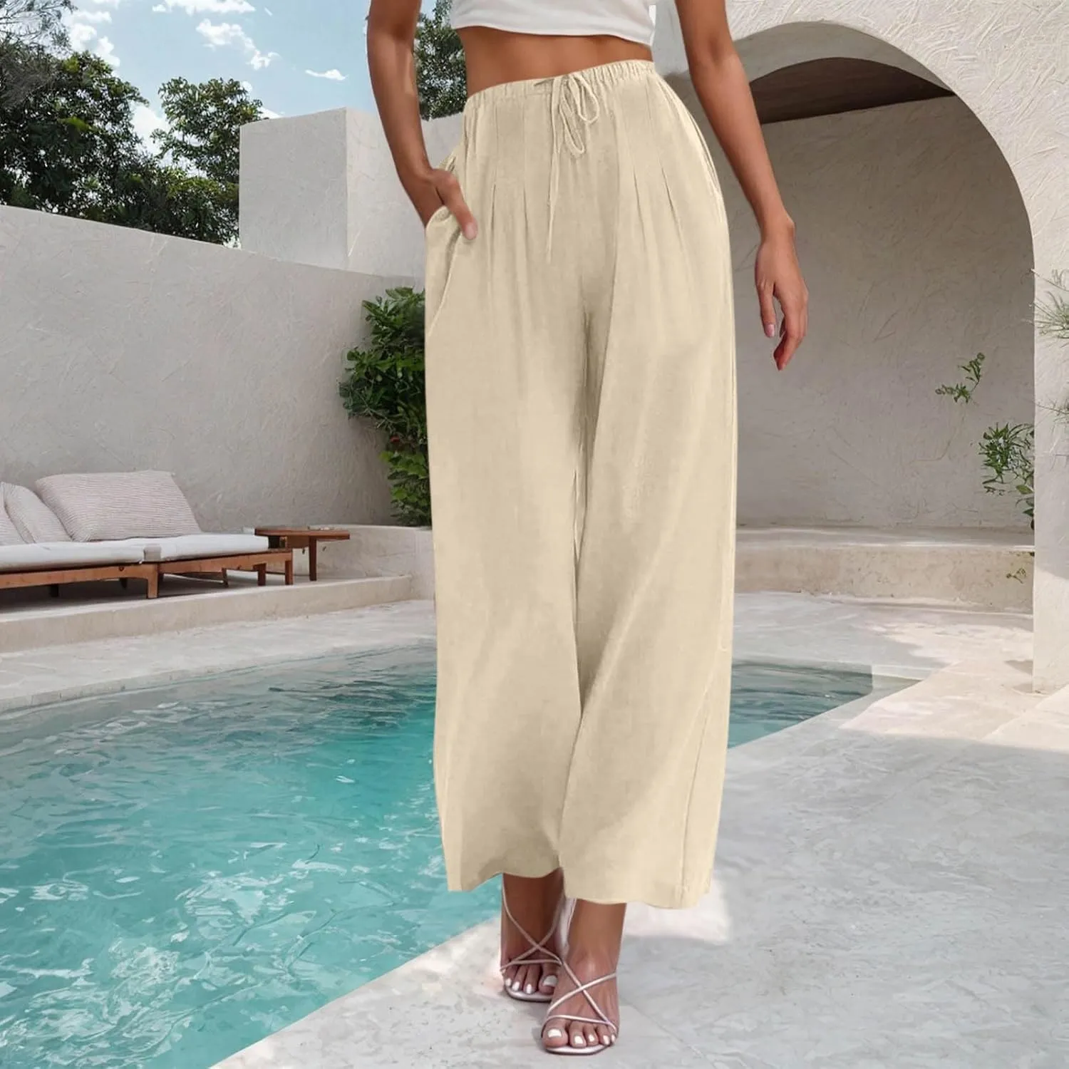 Women Cotton Linen Beach Pants Dressy Casual Wide Leg Pants Boho Palazzo Flowy Trousers Trendy Vacation Outfits Clothes