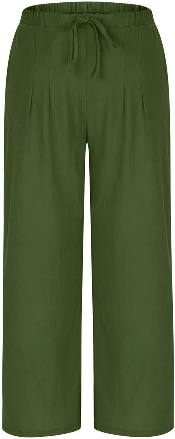 Women Cotton Linen Beach Pants Dressy Casual Wide Leg Pants Boho Palazzo Flowy Trousers Trendy Vacation Outfits Clothes