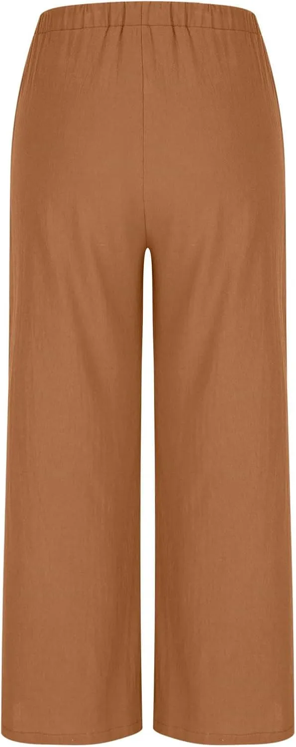 Women Cotton Linen Beach Pants Dressy Casual Wide Leg Pants Boho Palazzo Flowy Trousers Trendy Vacation Outfits Clothes