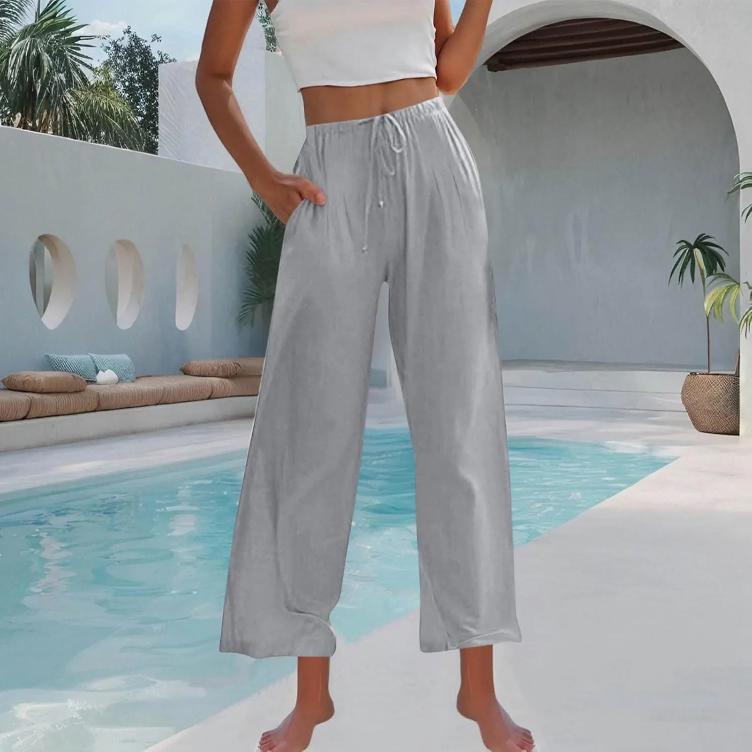 Women Cotton Linen Beach Pants Dressy Casual Wide Leg Pants Boho Palazzo Flowy Trousers Trendy Vacation Outfits Clothes