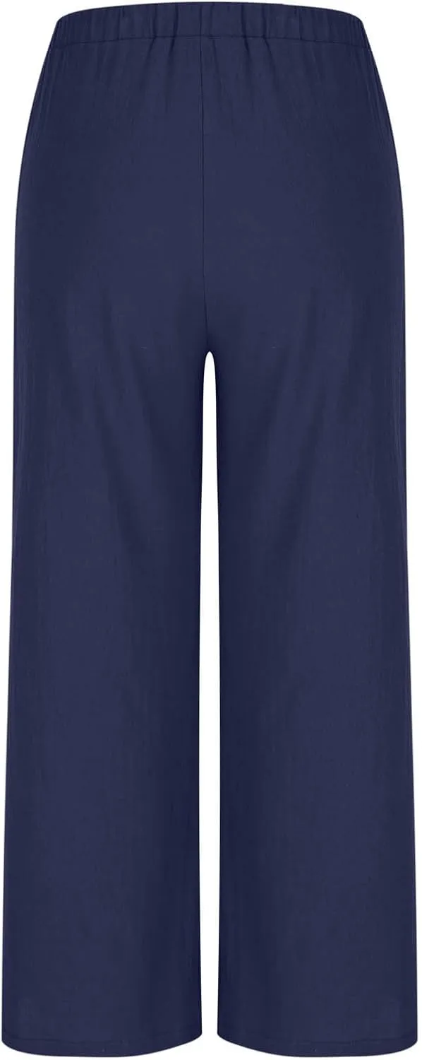 Women Cotton Linen Beach Pants Dressy Casual Wide Leg Pants Boho Palazzo Flowy Trousers Trendy Vacation Outfits Clothes