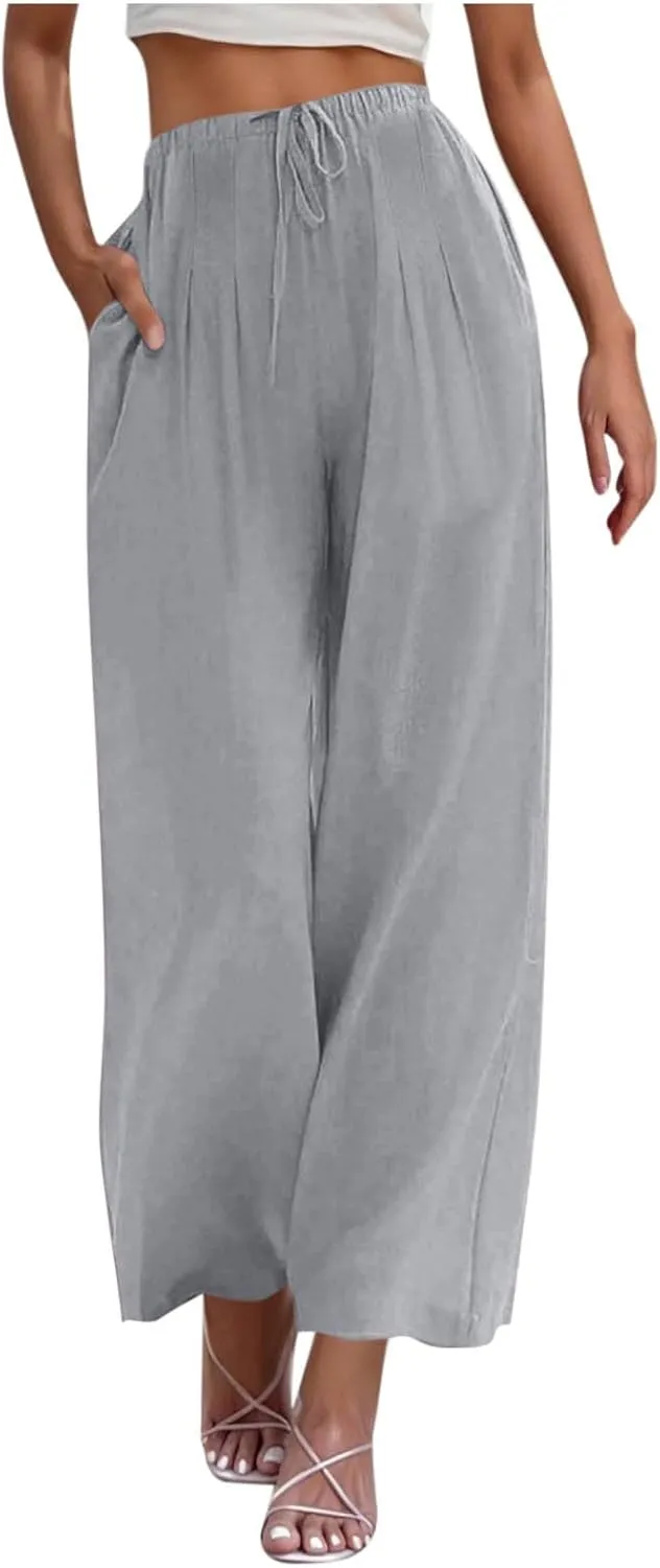 Women Cotton Linen Beach Pants Dressy Casual Wide Leg Pants Boho Palazzo Flowy Trousers Trendy Vacation Outfits Clothes