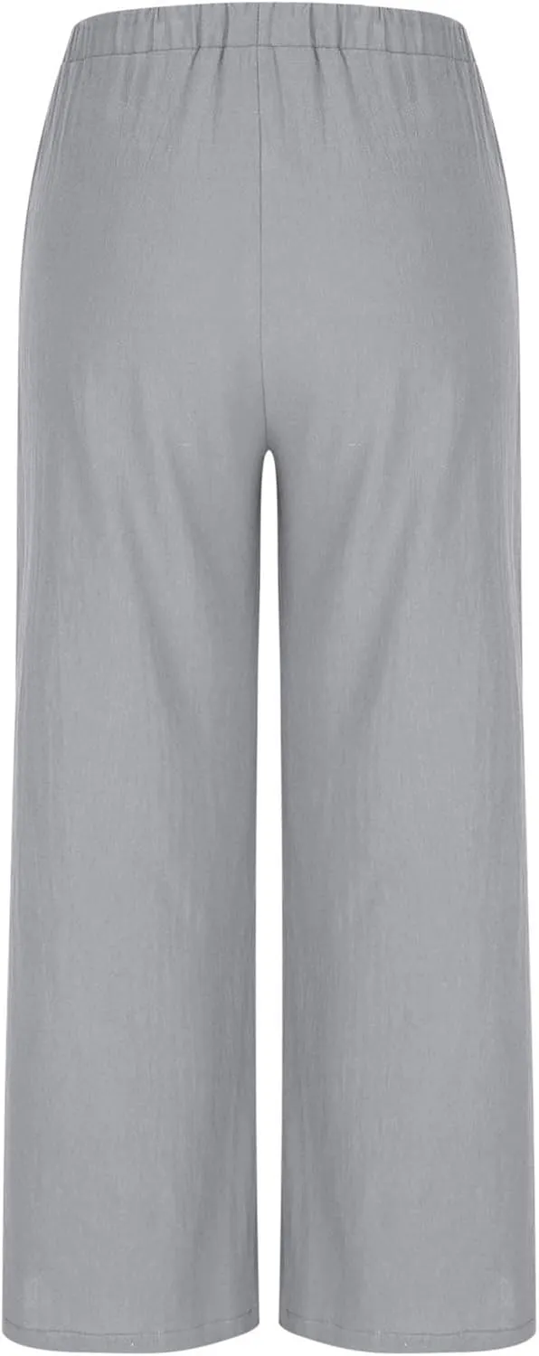 Women Cotton Linen Beach Pants Dressy Casual Wide Leg Pants Boho Palazzo Flowy Trousers Trendy Vacation Outfits Clothes