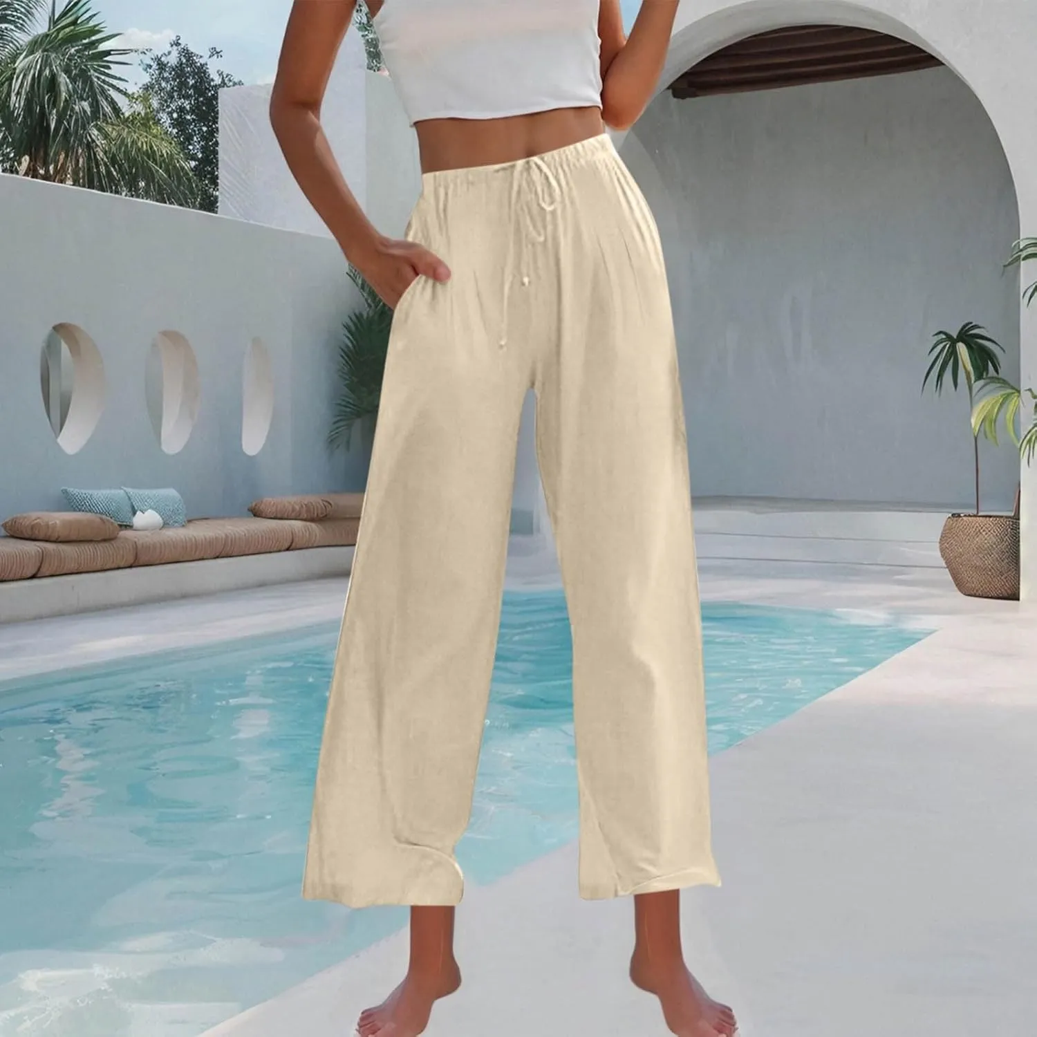 Women Cotton Linen Beach Pants Dressy Casual Wide Leg Pants Boho Palazzo Flowy Trousers Trendy Vacation Outfits Clothes
