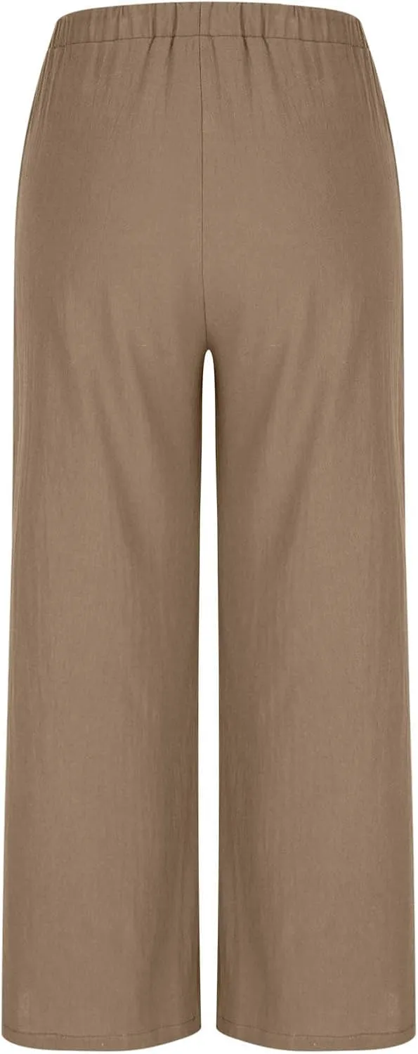 Women Cotton Linen Beach Pants Dressy Casual Wide Leg Pants Boho Palazzo Flowy Trousers Trendy Vacation Outfits Clothes