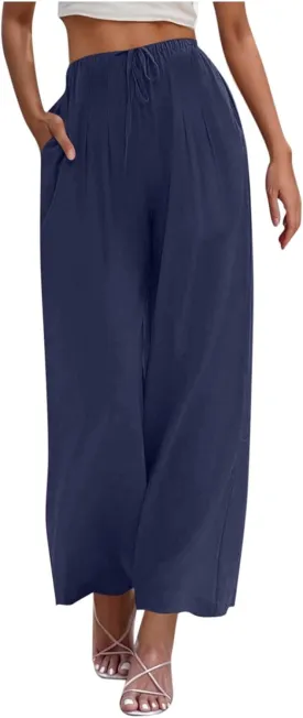 Women Cotton Linen Beach Pants Dressy Casual Wide Leg Pants Boho Palazzo Flowy Trousers Trendy Vacation Outfits Clothes
